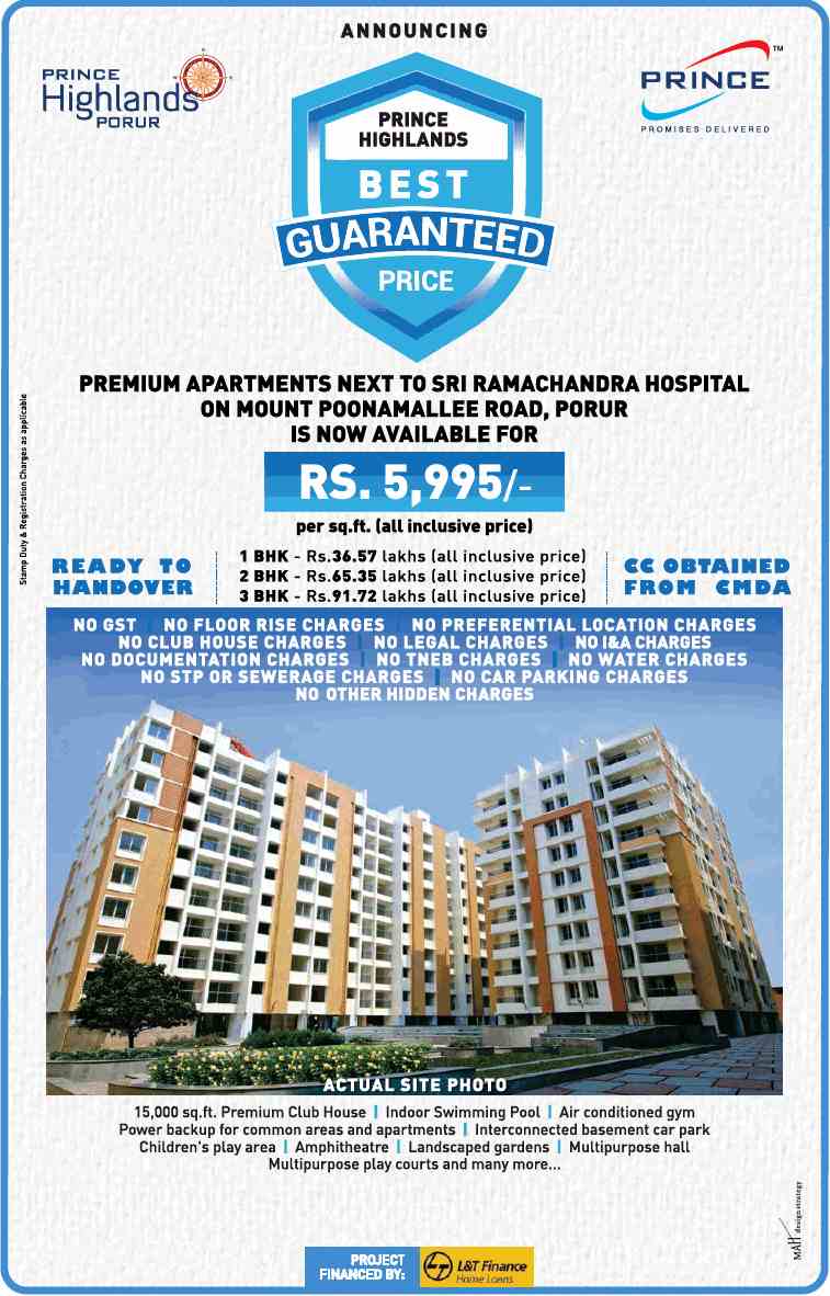 Book premium apartments @ Rs. 5,995 per sq.ft. all inclusive at Prince Highlands in Chennai Update